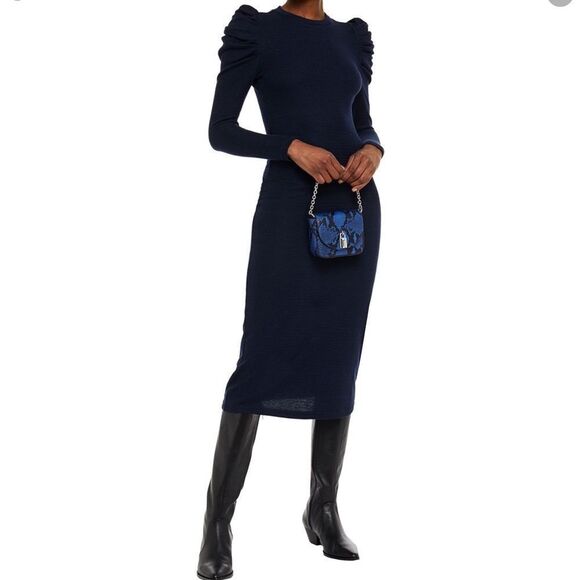 Walter Baker Dress Midi Long Sleeve Navy Blue Gathered Shoulder Puff Stretch M - Picture 3 of 16